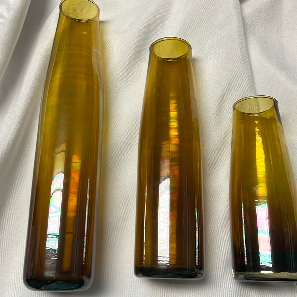 Beautiful amber carnival vases set of 3, vintage glass